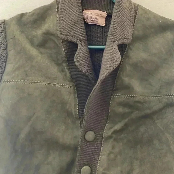 Vintage Beltex 100Best Merino Wool Dark Green Button Down Knit Jacket with Suede - Picture 2 of 7